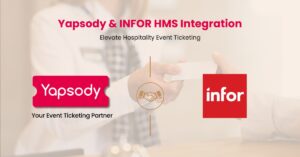 Yapsody & INFOR HMS Integration: Graphic showing interconnected icons representing Yapsody and INFOR HMS, symbolizing seamless integration for event ticketing in hotels.