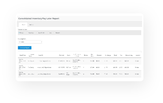 Yapsody - Ticketing - Features - Report - Consolidated Inventory PayLater Report