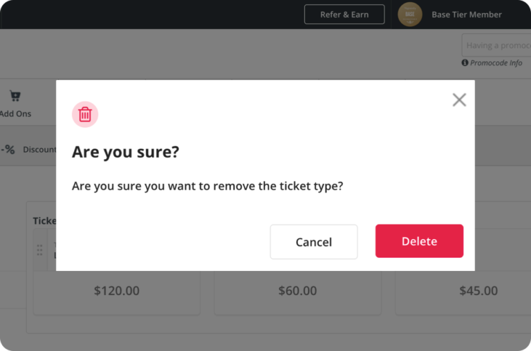 Yapsody event ticketing - Feature - Delete Ticket Type