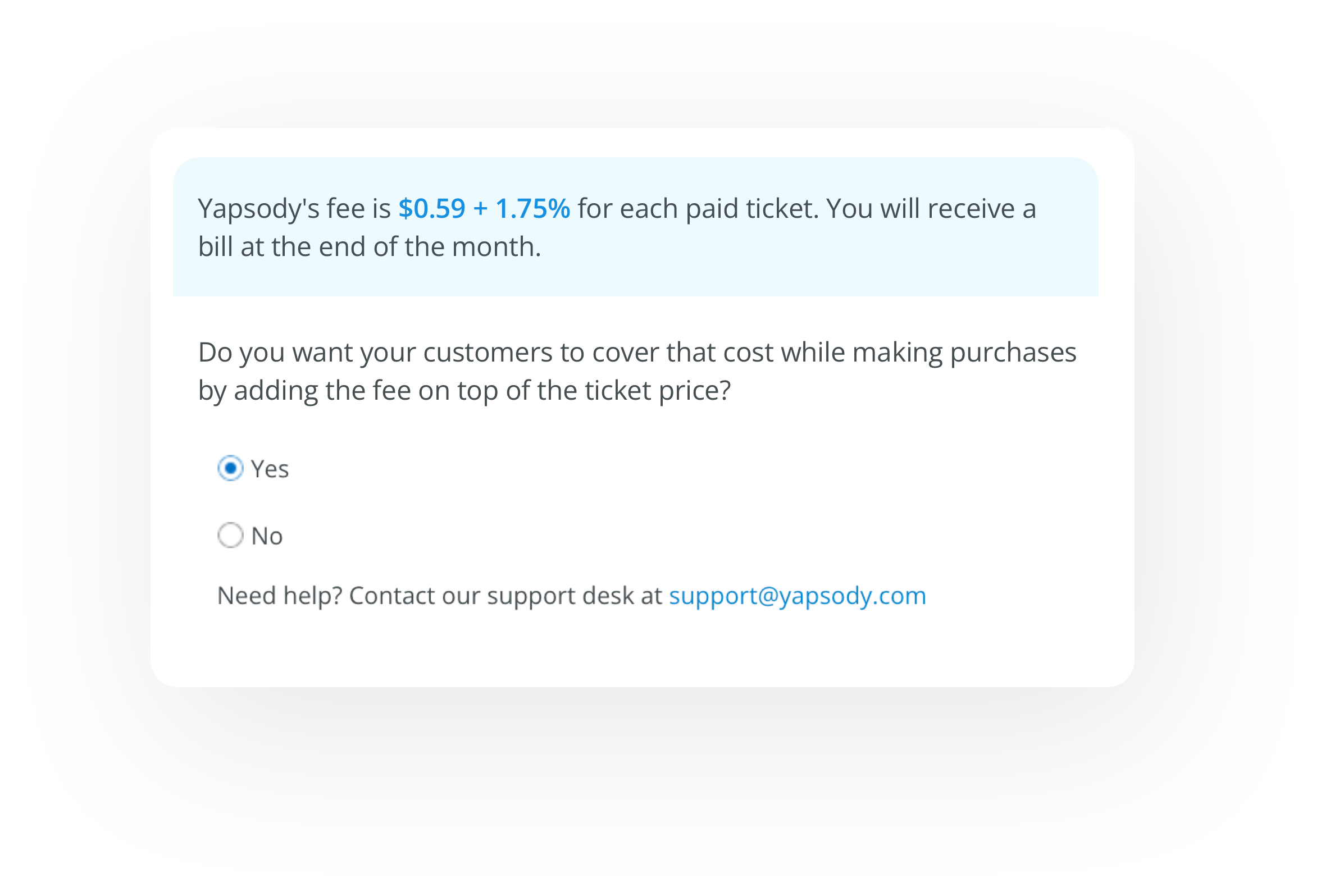 Yapsody - Ticketing Features - Pass on fees